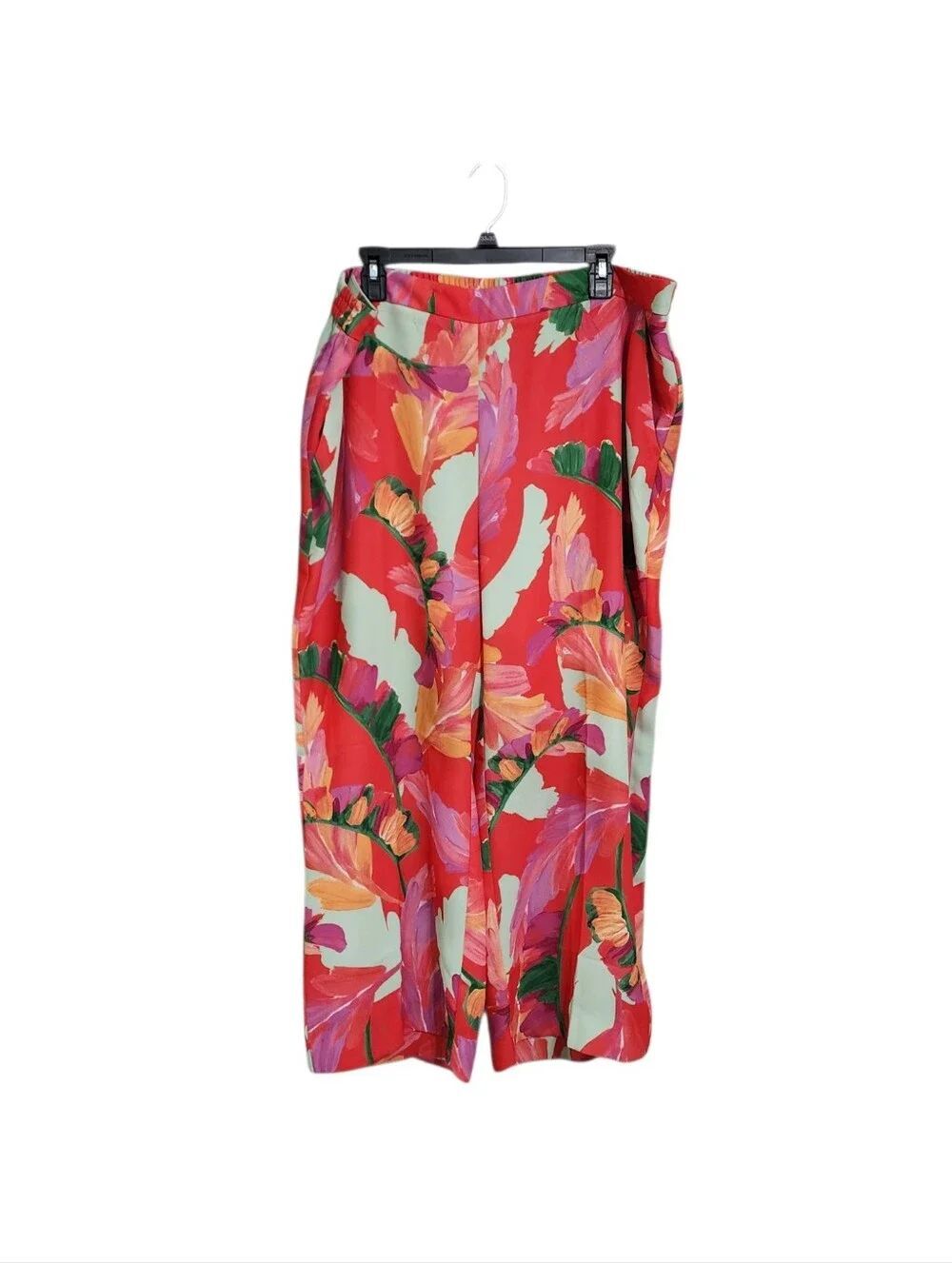 Chicos Red Orange Floral Wide Leg High Rise Pull On Crop Pants 18 Resort Flowy